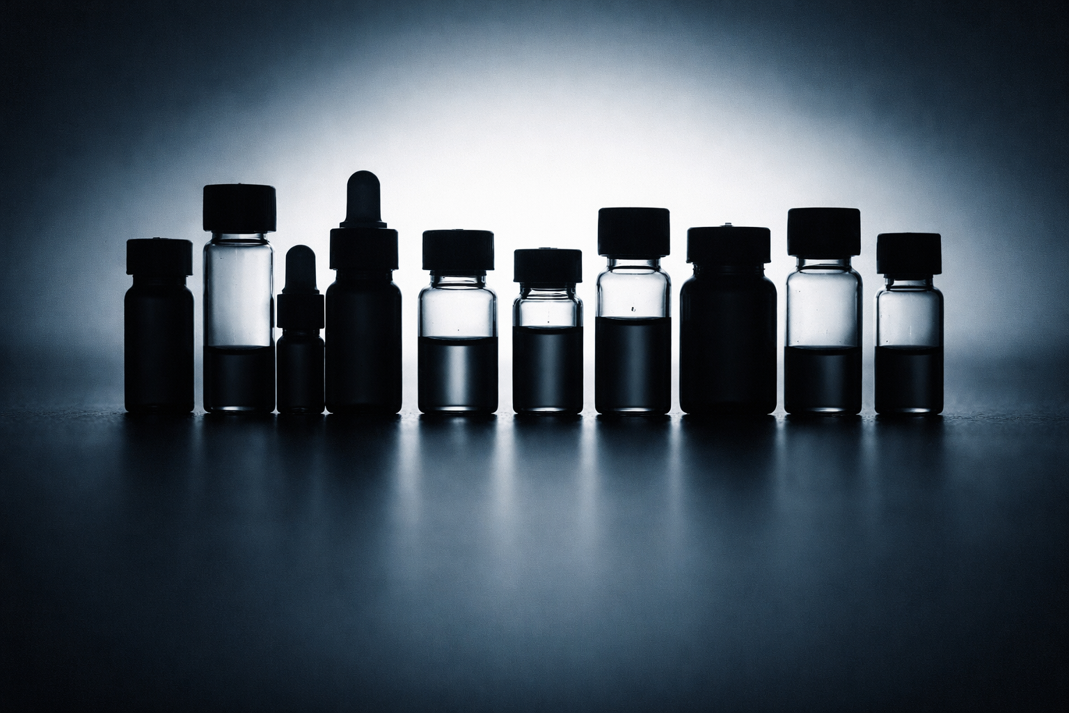Backlit silhouettes of laboratory glass vials and small reagent bottles clustered centrally in the upper two thirds against a cool blue-to-graphite gradient, with soft rim light and an uncluttered empty lower third.
