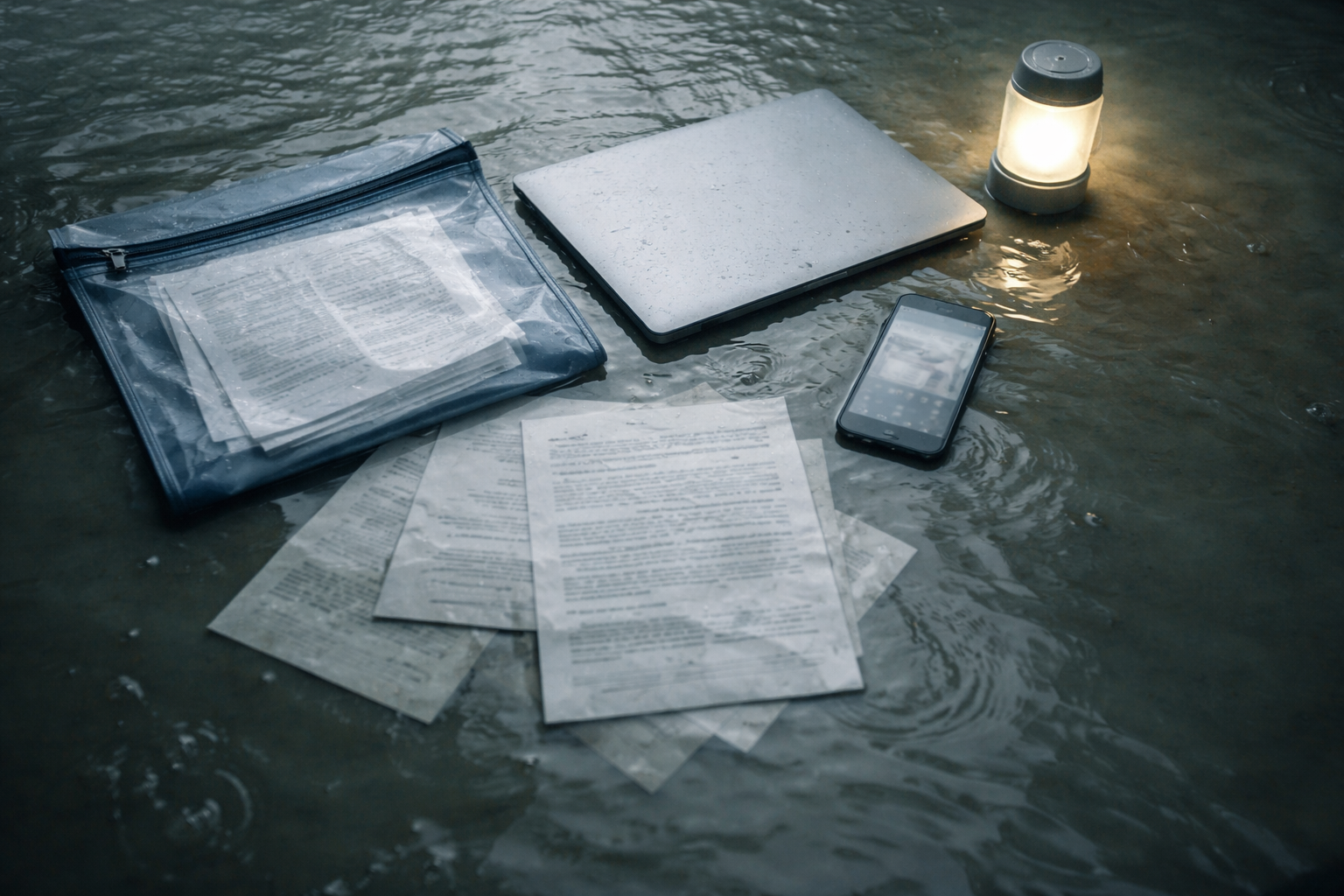 Top-down view of a damp desk with unbranded documents, a waterproof folder, closed laptop, a smartphone with a blurred screen and a small LED lantern clustered in the upper two-thirds, leaving the bottom third empty.