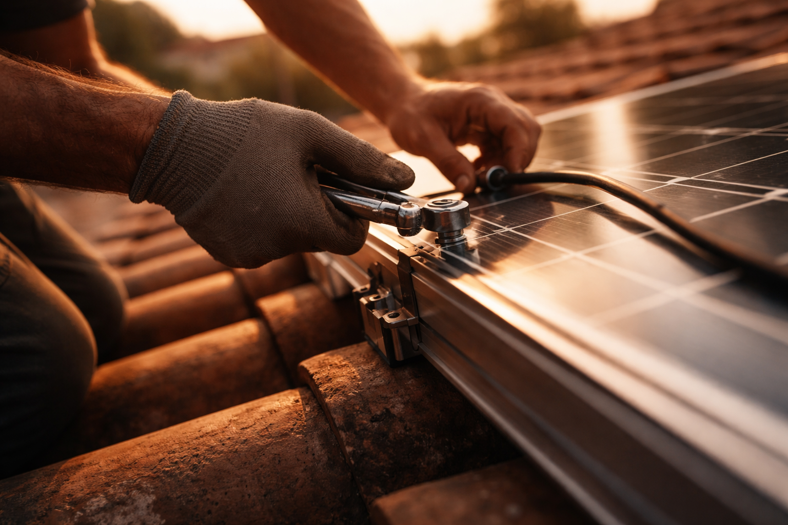 Close motion-detail of anonymous technicians' hands fastening a solar panel on a Mediterranean rooftop at golden hour, wrench and cable in blurred motion, shallow depth of field and warm muted tones; faces are out of frame and the lower third is left uncluttered.