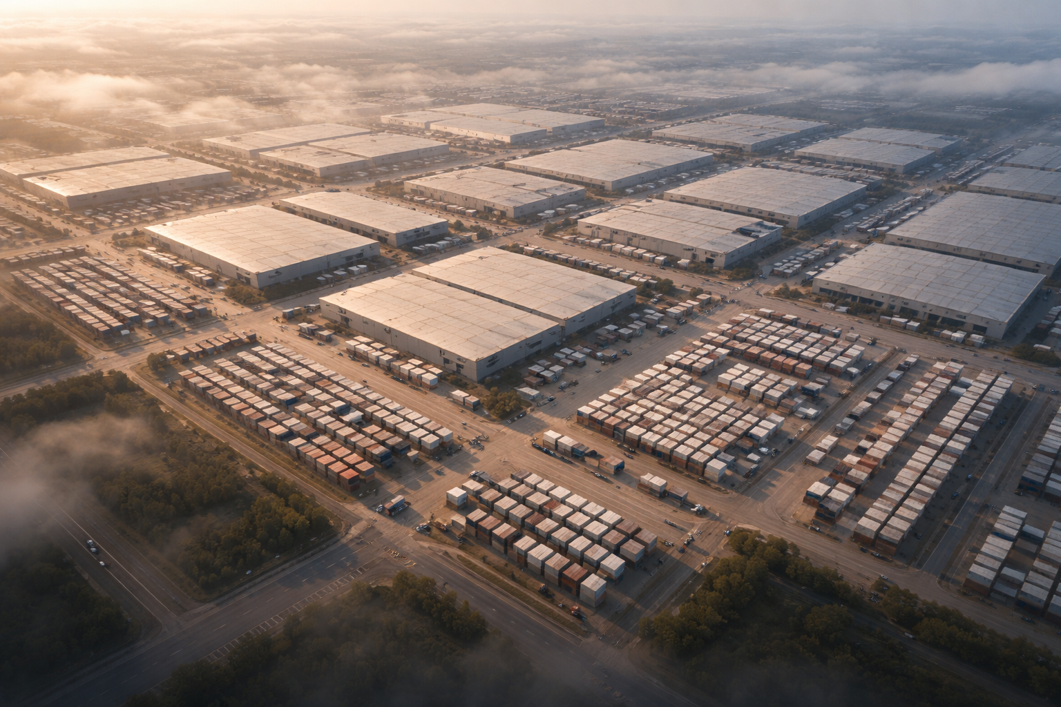 Aerial dawn photo of a large logistics area showing a geometric patchwork of neutral warehouse roofs, plain container rows and service roads with soft cloud shadows; the main pattern sits in the upper part of the frame and the lower third is left empty.