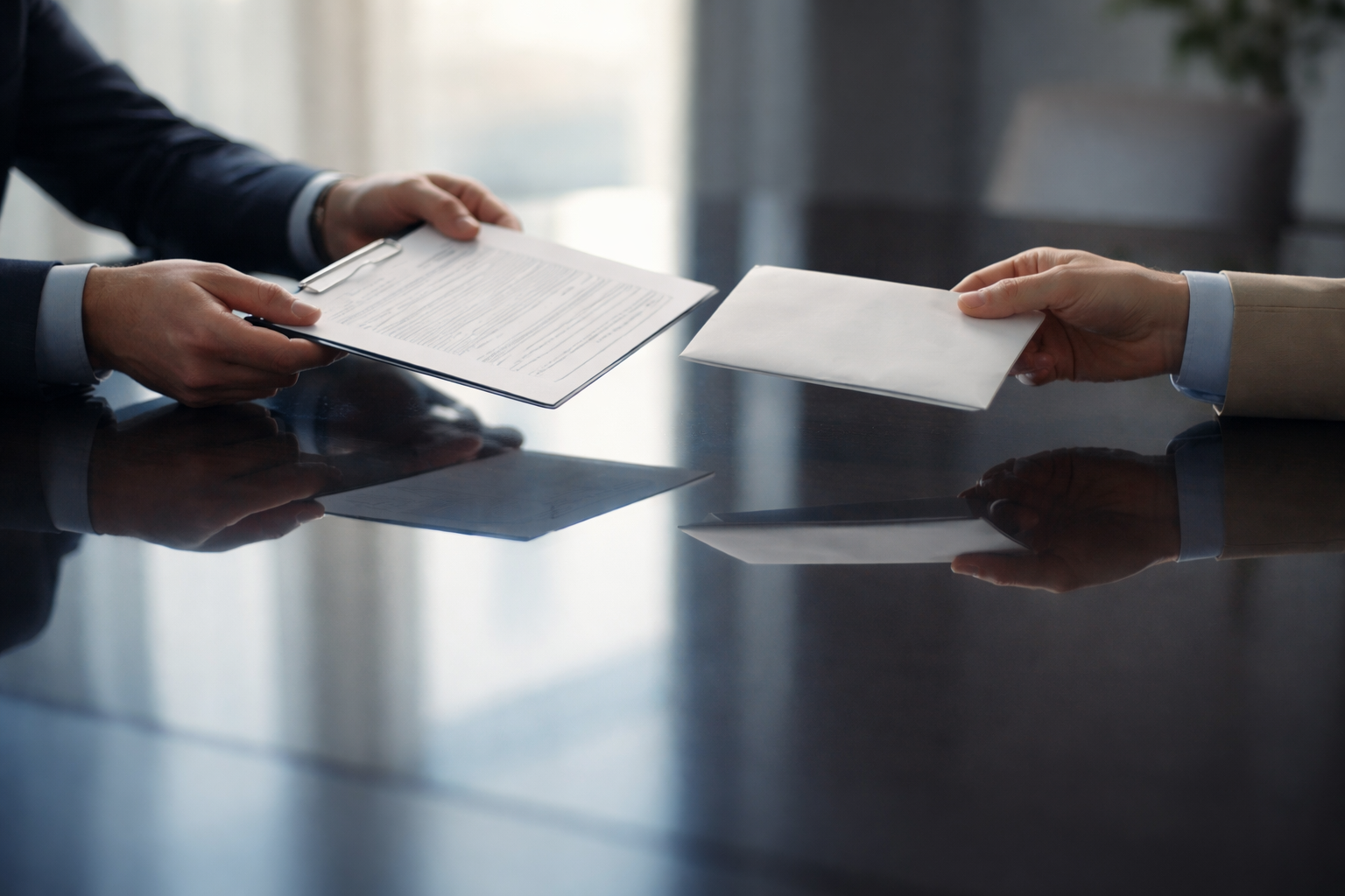 Reflection of two anonymous pairs of hands exchanging a plain envelope and a blank form on a glossy dark conference table; the reflected scene fills the upper two-thirds with soft light and muted blue-beige tones, leaving the lower third clean.