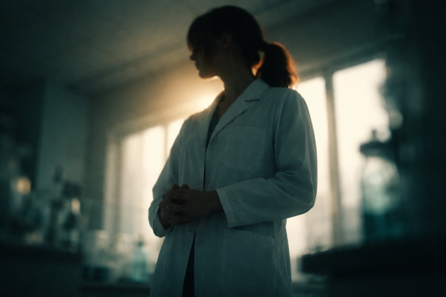 Low-angle portrait of an anonymous researcher in a lab coat seen from slightly below with their face turned away and soft backlight, occupying the upper two-thirds while the lower third remains empty and uncluttered.