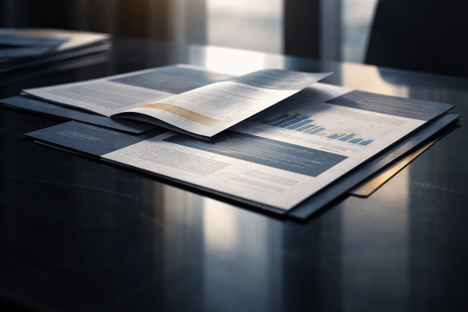 Soft, low-angle reflection of unbranded corporate documents and brochures on a dark glass surface, their edges and muted colour blocks reflected below with the main focus centered in the upper portion and a quiet lower third.