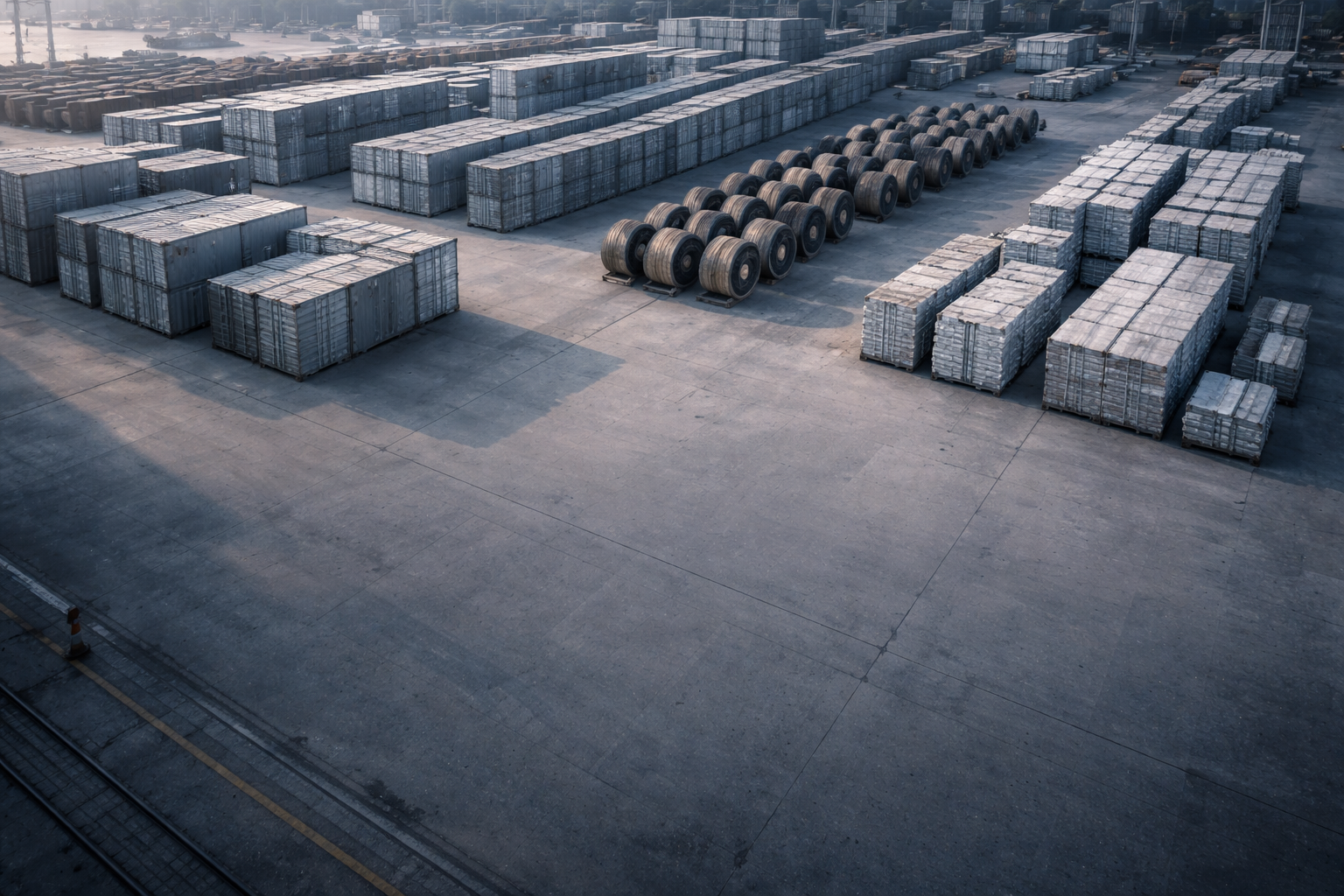 High-angle photo of an industrial dockyard: orderly rows of unbranded metal crates, large coiled cable drums and bundled insulation panels fill the upper two-thirds while the bottom third is empty concrete.