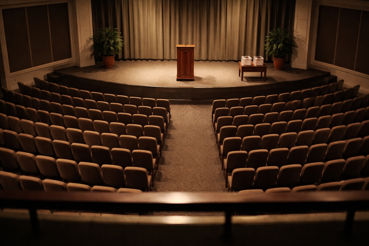 High-angle view from a balcony into an empty shareholder meeting auditorium, rows of neutral chairs converging on a raised stage with a podium and two sealed ballot boxes on a wooden table, lit by warm late-afternoon light; the lower third of the frame is deliberately empty.
