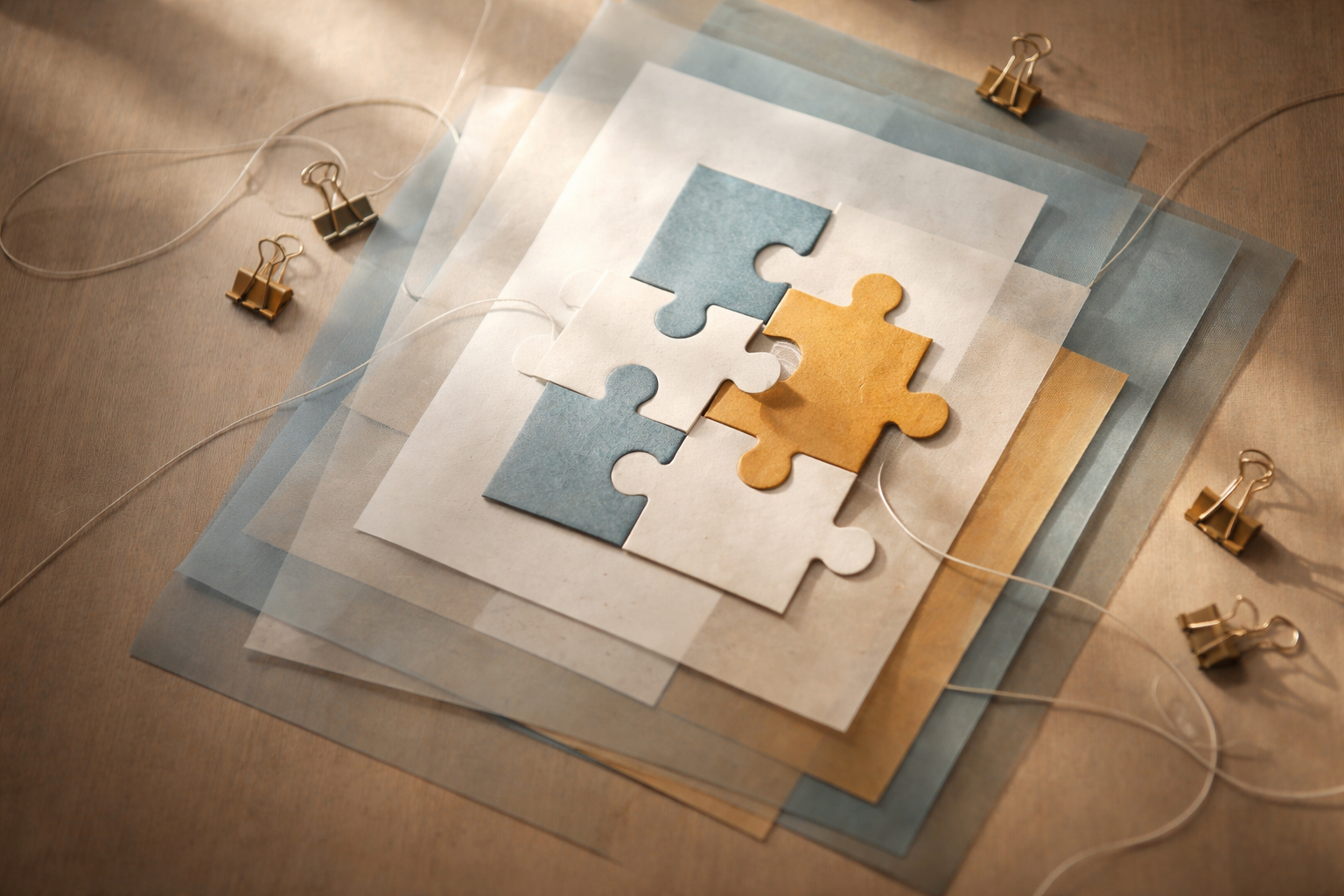 Top-down close view of layered translucent vellum sheets and interlocking paper puzzle pieces in muted blue and ochre on a wooden table, soft daylight, central area in sharp focus and the lower third left empty.