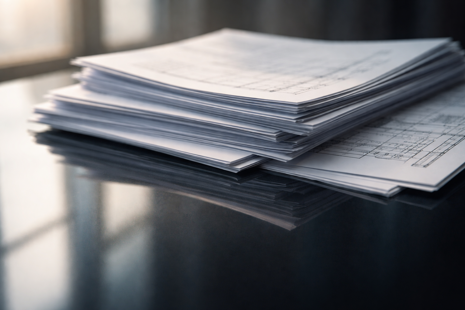 Low-angle close-up of stacked contract pages and technical printouts reflected on a glossy dark table, soft window light highlights the paper edges while the bottom third of the frame is left empty.