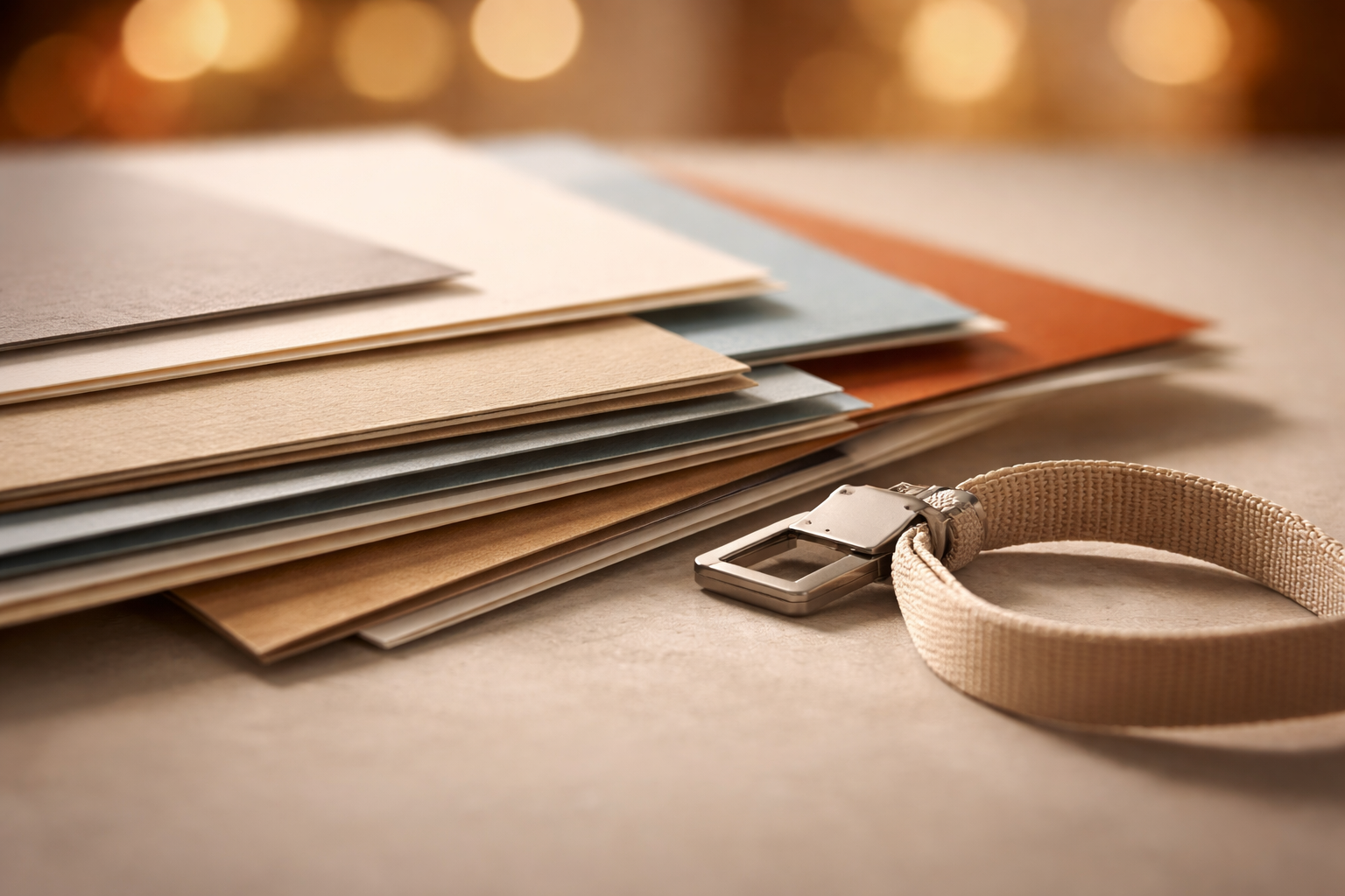 Wide, shallow-depth close-up of overlapping exhibition materials — brochure edges, a woven lanyard and a metal clip — centered in the upper two-thirds with soft warm light and blurred venue lights behind; the lower third is empty and uncluttered.