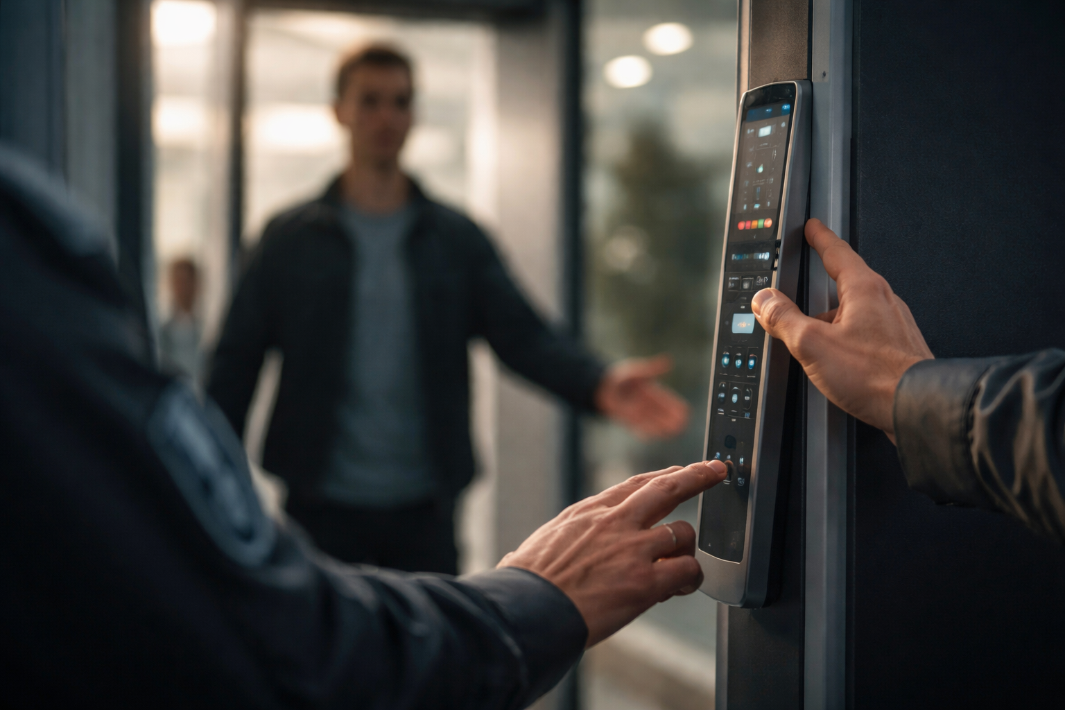 Close motion-focused shot of a security trainer's hands adjusting an unbranded AI walk-through metal detector control panel and guiding a trainee, with blurred faces in the upper frame and a calm, darkened lower third.