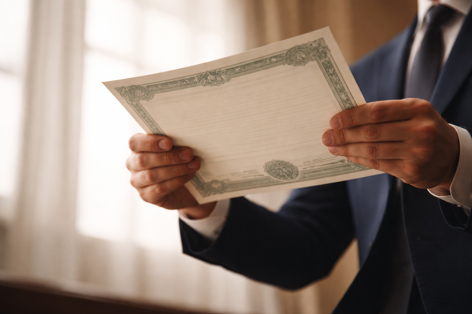 A pair of hands holding an official financial document, photographed from below against natural light.