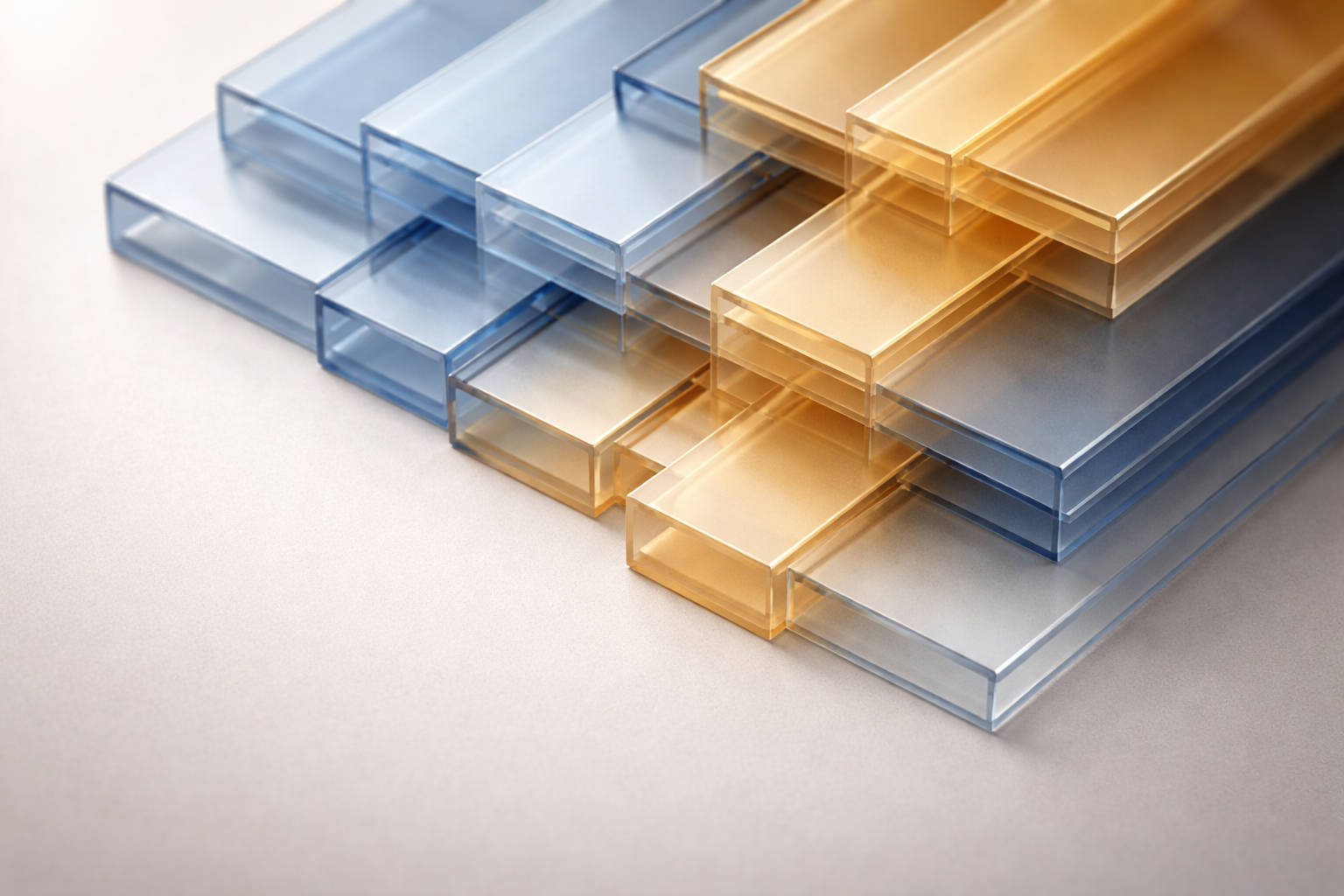 High-angle macro close-up of interlocking translucent blue and ochre acrylic sheets stacked like ledger pages, softly lit with shallow depth of field and a blurred, empty lower third.