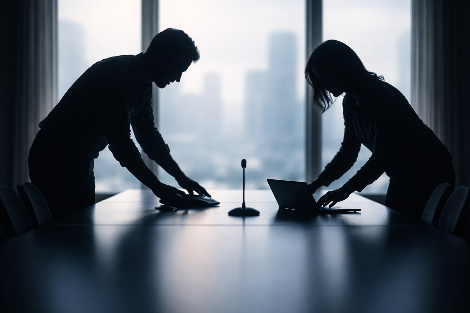 Silhouettes of two anonymous people arranging a speakerphone and laptop on a conference table, backlit by bright window light with a soft city skyline beyond.