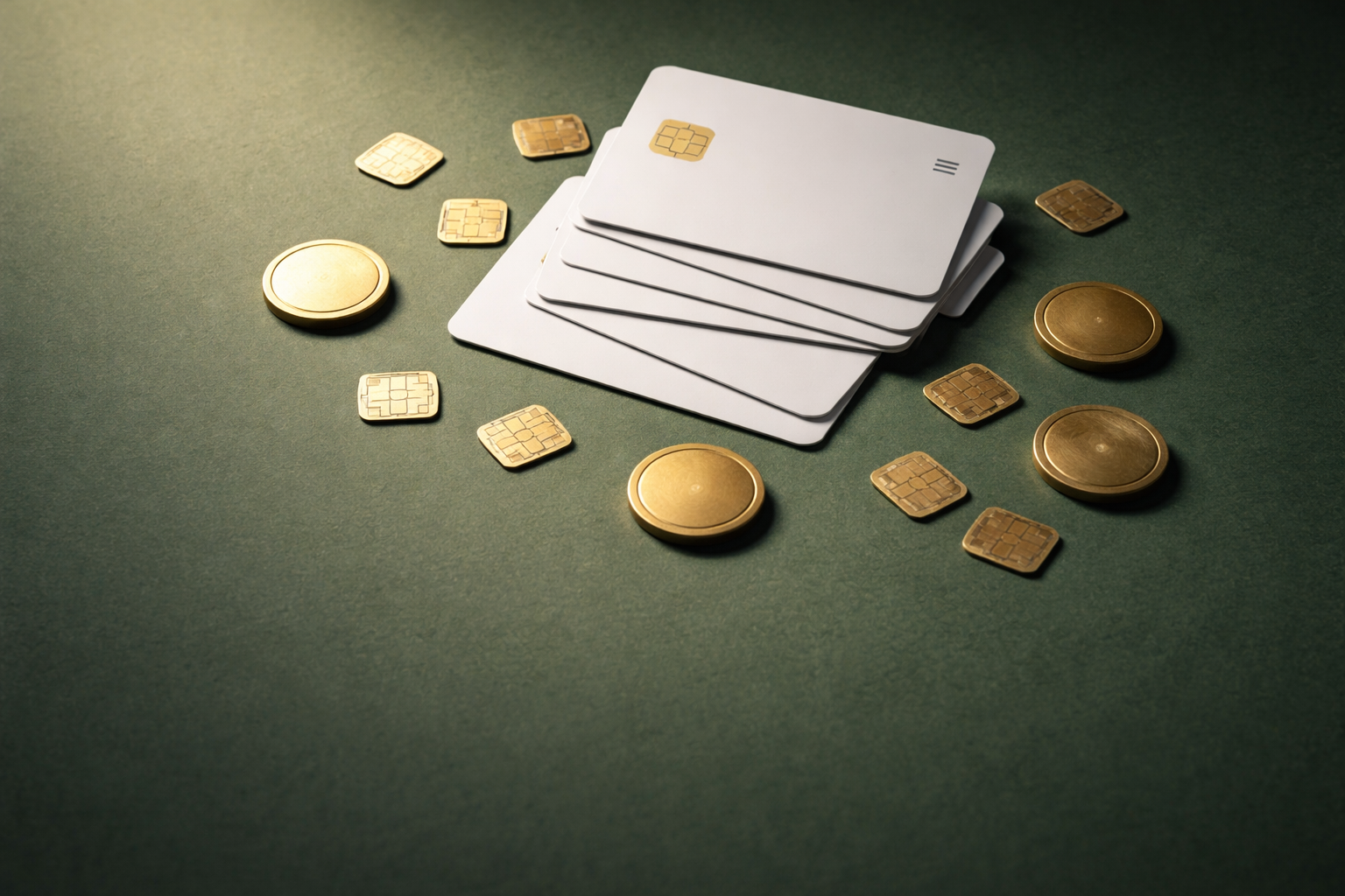 High-angle view of a central cluster of unbranded contactless cards, exposed chip modules and plain brass tokens on a matte deep-green tabletop, softly lit from above-left with the lower third of the frame left empty.