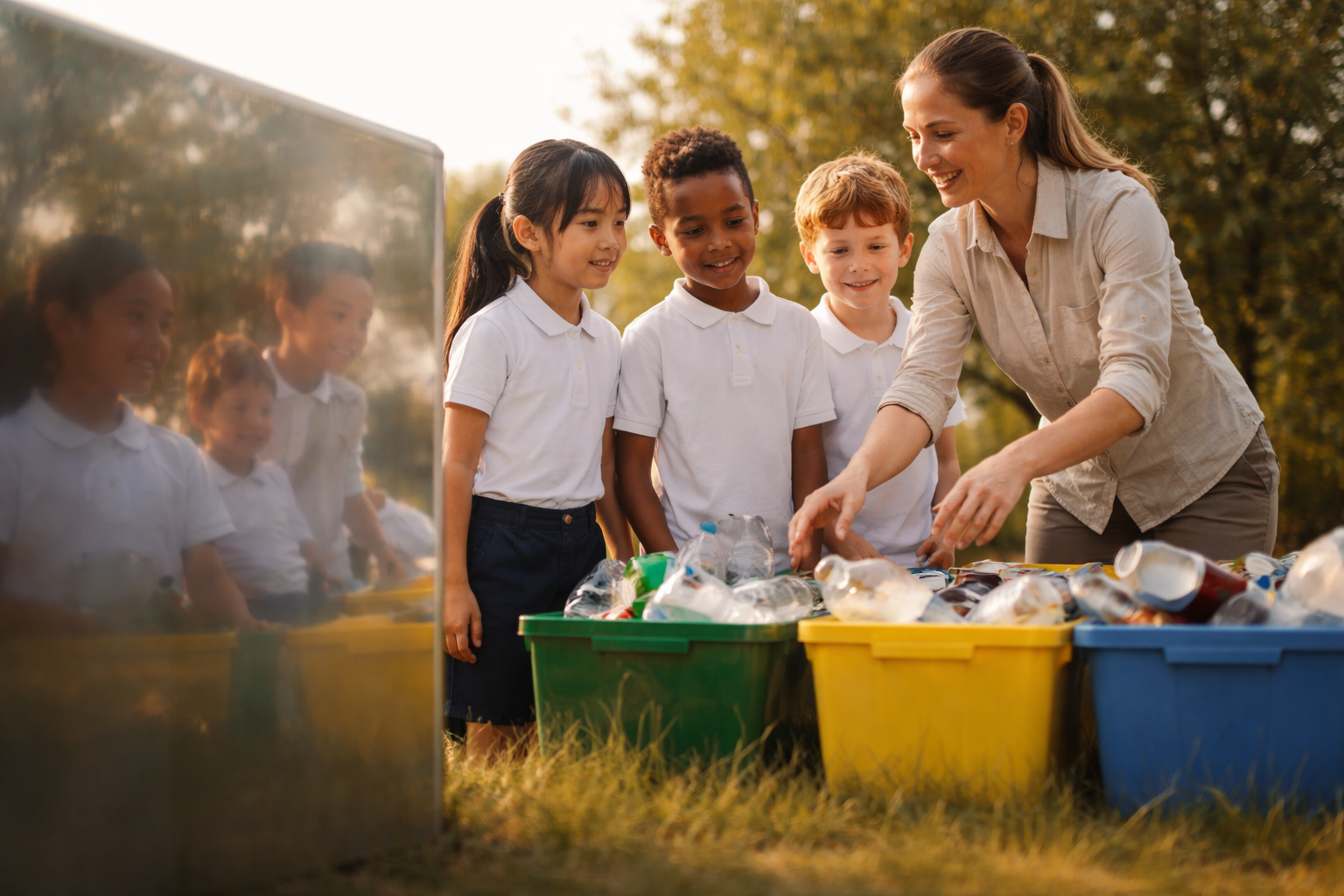 Schoolchildren in plain uniforms and a teacher at an outdoor waste-sorting station in warm late-afternoon light, their blurred reflections visible on a polished metal panel while the bottom third of the frame remains empty.