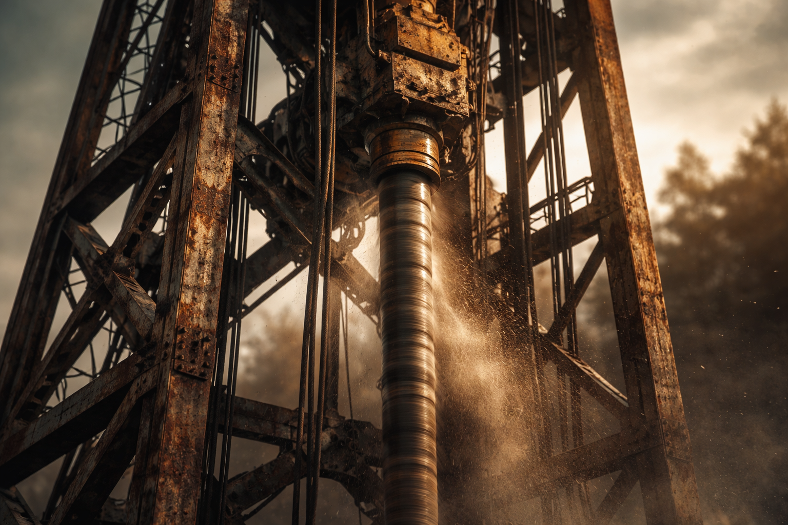 Tight vertical detail of a rusted steel mine headframe and drilling mast with a motion-blurred rotating drill rod and dust in warm late-afternoon light; bottom area left quiet.