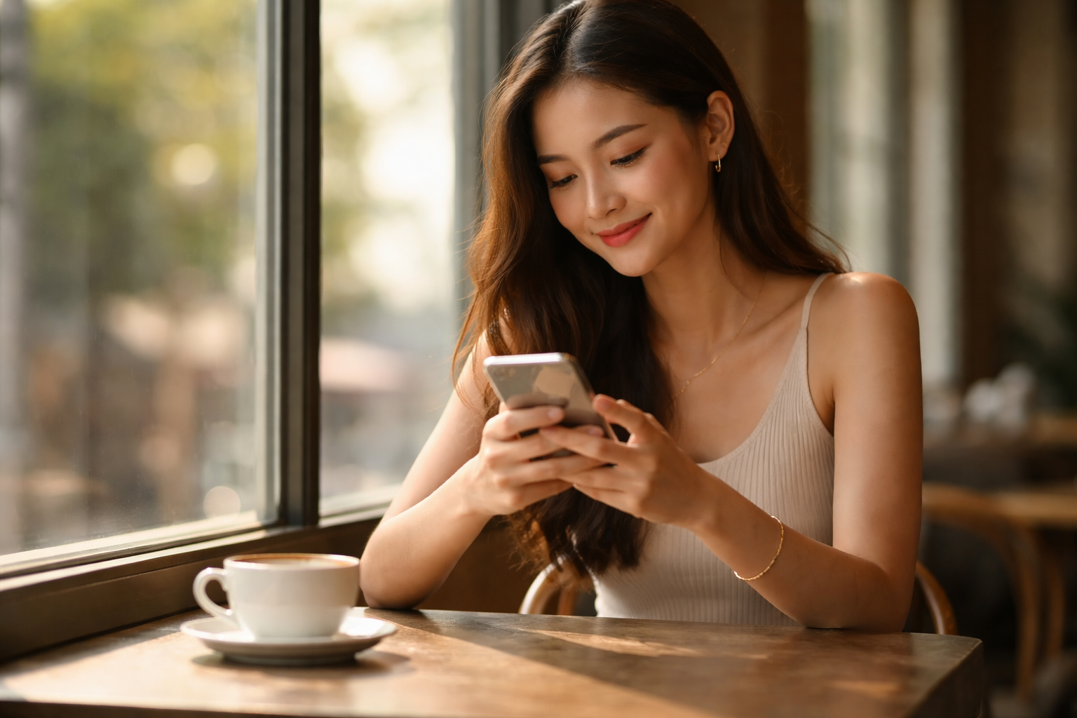 A young woman sits at a cafe table by a window, smiling as she looks at a blurred phone screen with an unbranded coffee cup on the table; the lower third of the frame is calm and out of focus.