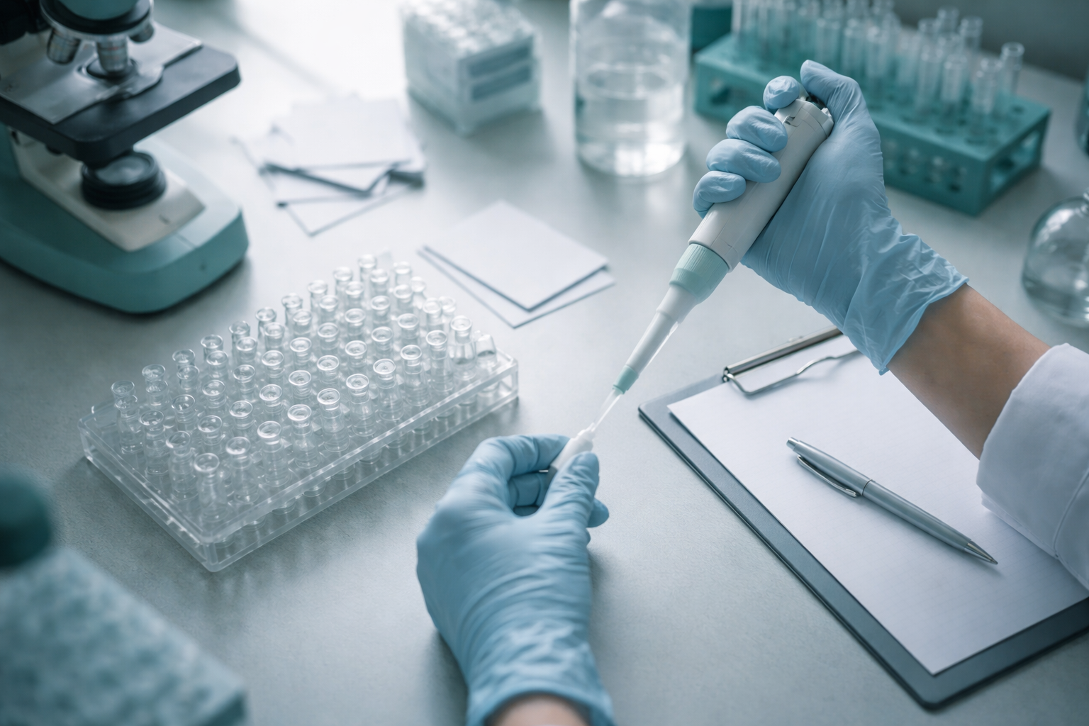 High-angle view down onto a clinical lab bench where gloved hands use a pipette over unlabeled sample vials and a closed clipboard, with the lower third of the frame kept empty.