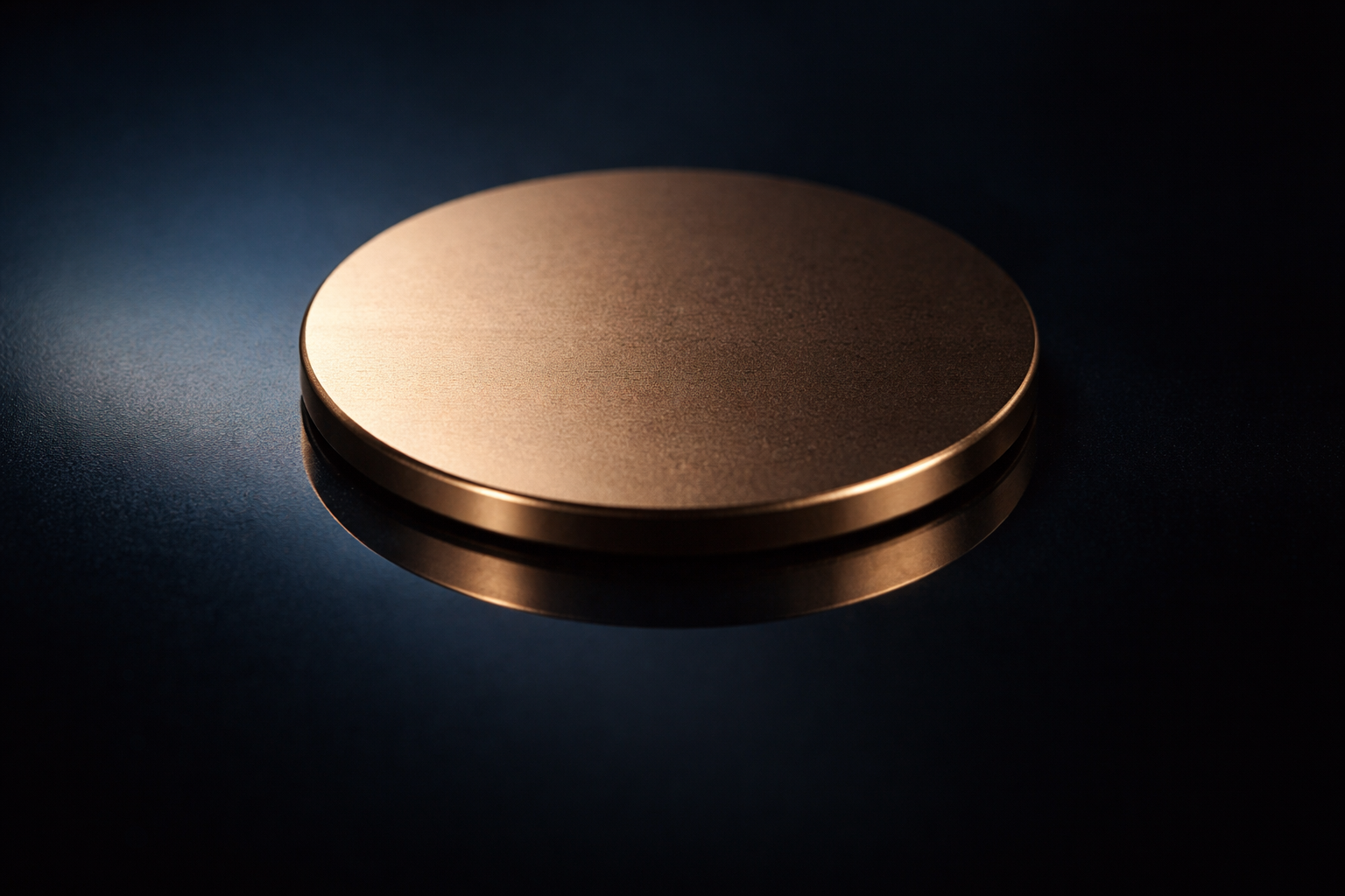 Tight macro reflection of an unbranded matte-bronze circular disc mirrored on a glossy black surface, warm highlights and cool blue shadows, composition concentrated in the upper two-thirds with the lower third left dark and uncluttered.