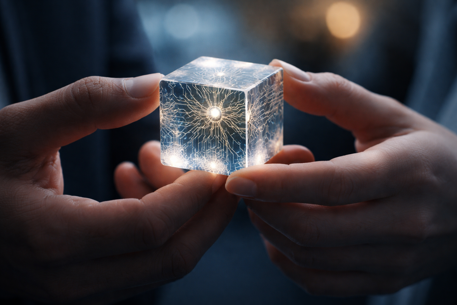Macro close-up of two anonymous hands holding a translucent cube etched with circuit-like patterns, lit in soft blue and warm gold with a blurred conference background and a clear lower third.