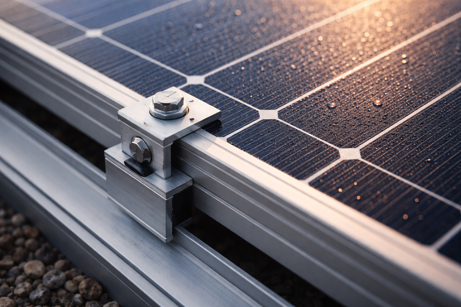 Macro close-up of a rooftop solar panel and aluminium mounting clamp showing blue cell texture, silver busbars and small dew beads, with the subject in the upper two‑thirds and the lower third softly blurred and empty.