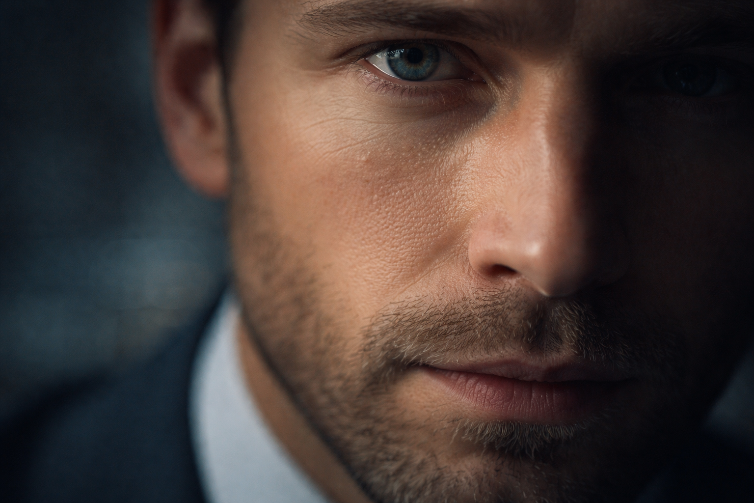 Extreme close-up macro of a fictional professional’s eye and upper face, softly side-lit with creamy blurred office bokeh behind and an intentionally empty, out-of-focus lower third.