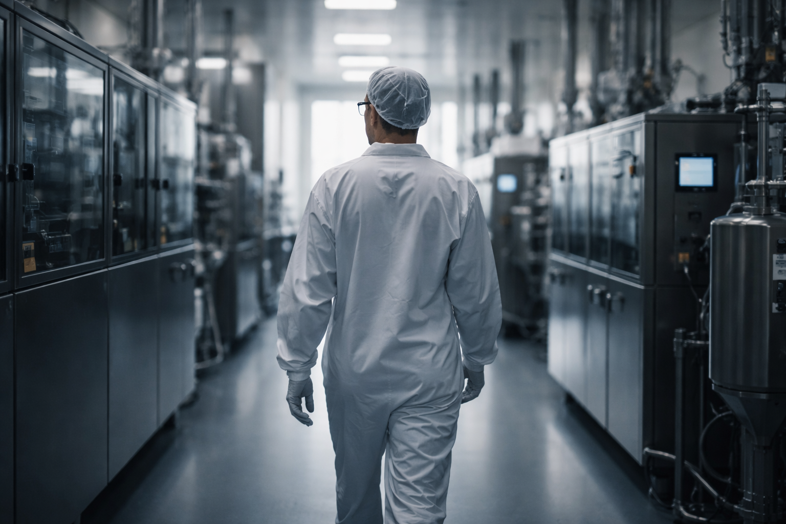 Wide photo of a fictional lab scientist in a plain cleanroom gown walking through a pharmaceutical production corridor, face visible, soft cool lighting, with the lower third of the frame softly blurred and empty for a headline band.