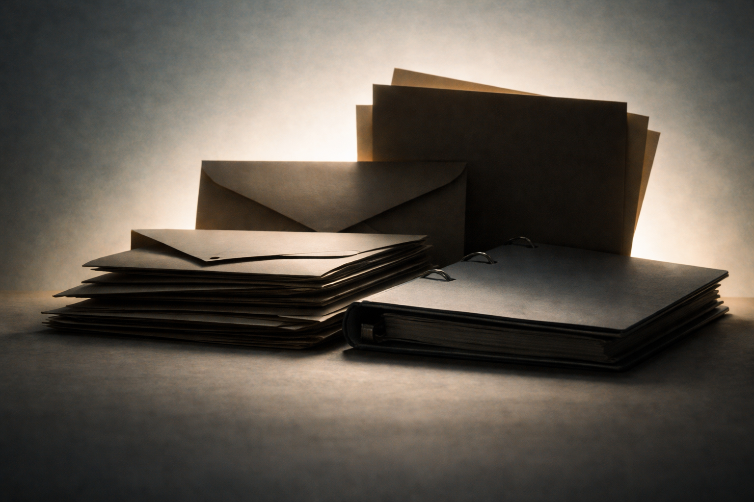 Rim-lit silhouette of layered blank papers, a closed ring binder and folded memos arranged centrally with warm parchment and slate-blue tones, leaving the lower third empty.