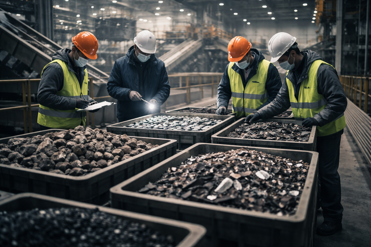 Wide interior view of a processing hall where masked technicians in helmets inspect trays of ore, battery components and shredded electronics on conveyors, with workers shown from behind or blurred and the lower third of the frame left empty.