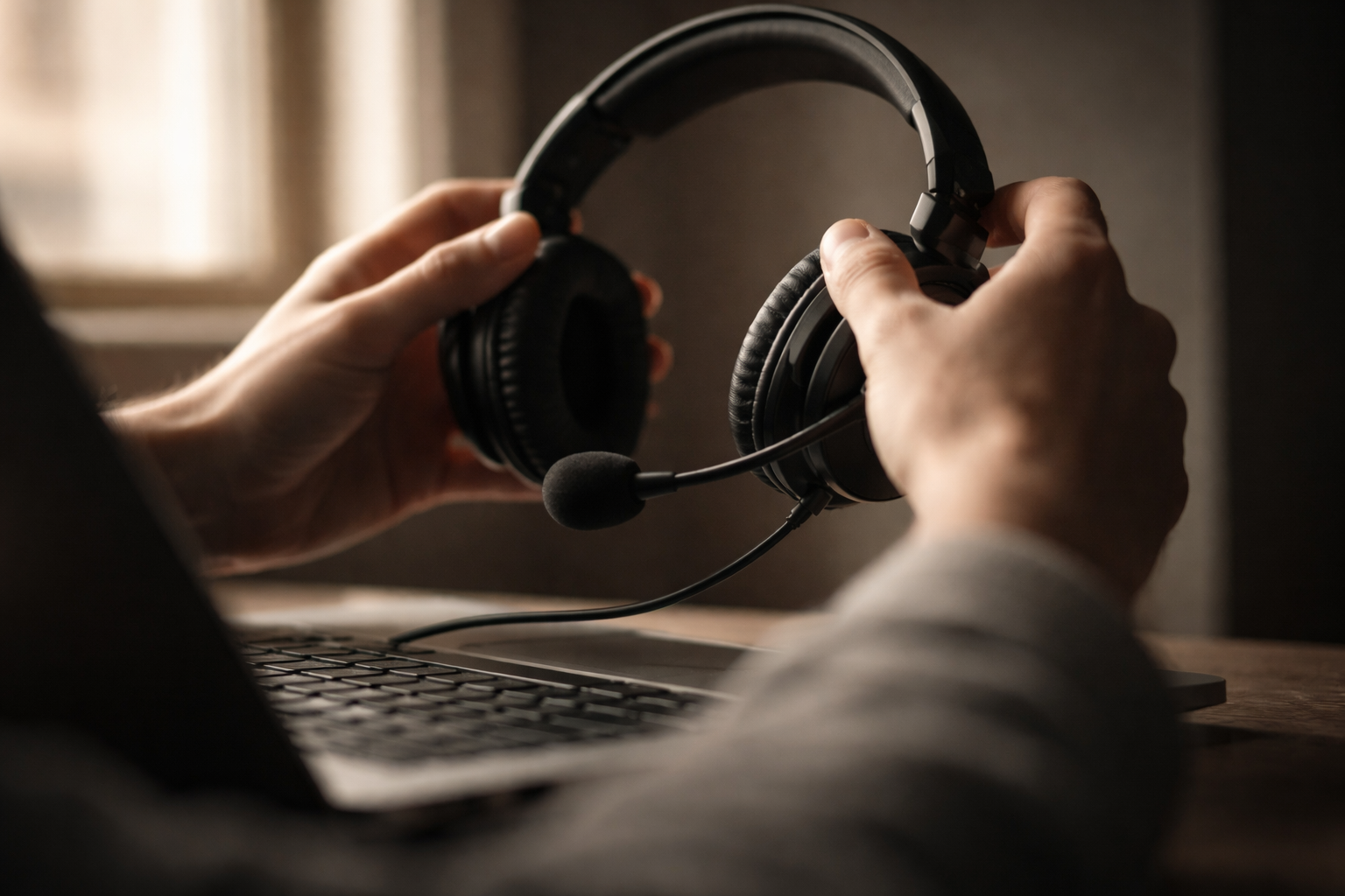 Close motion-detail shot of anonymous hands lifting an unbranded headset over a laptop, with hands and headset in the upper frame and a softly blurred, empty desk in the lower third.