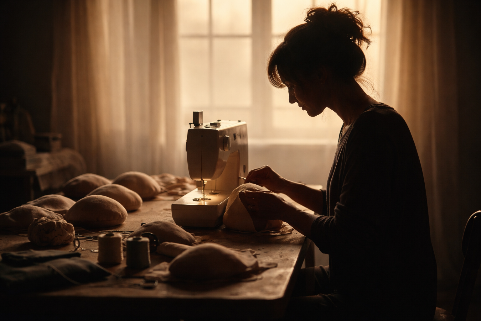 Silhouette of a volunteer seamstress sewing soft fabric and small foam prosthesis shapes at a backlit table, with the subject placed in the upper two thirds and the lower third left dark and uncluttered.