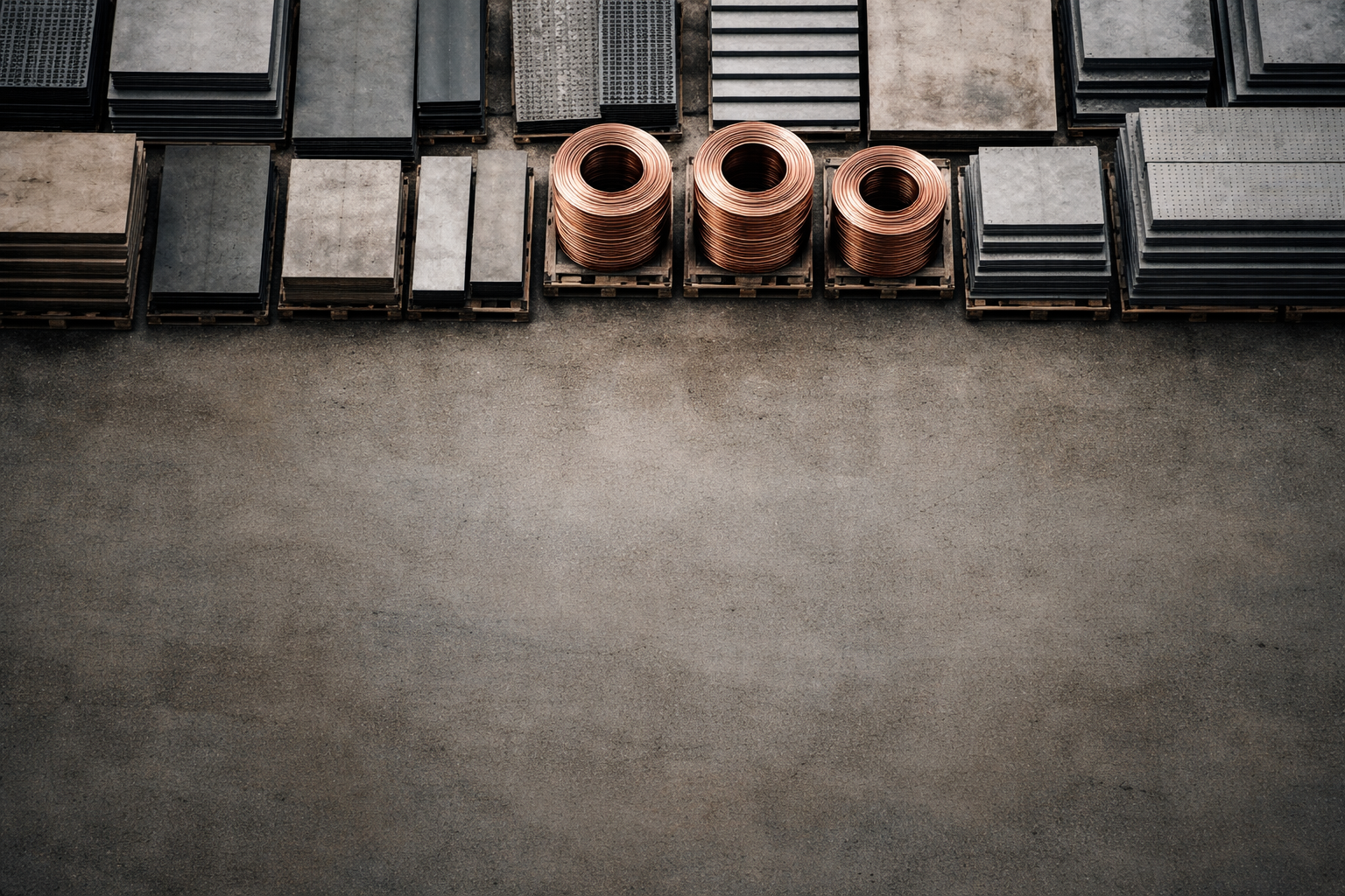 Overhead view of stacked industrial materials including steel and copper in natural daylight, showing texture and layered surfaces.
