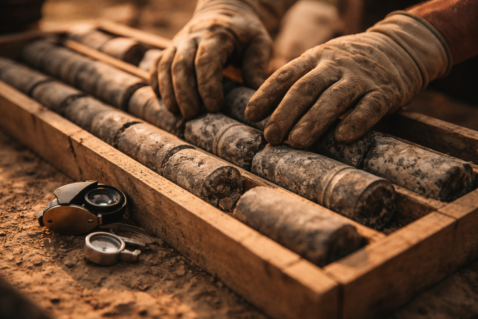 Close-up of gloved hands arranging cylindrical drill-core rock samples on a wooden core tray with a geologist's loupe beside them, warm golden light and shallow depth of field with the lower third left visually quiet.