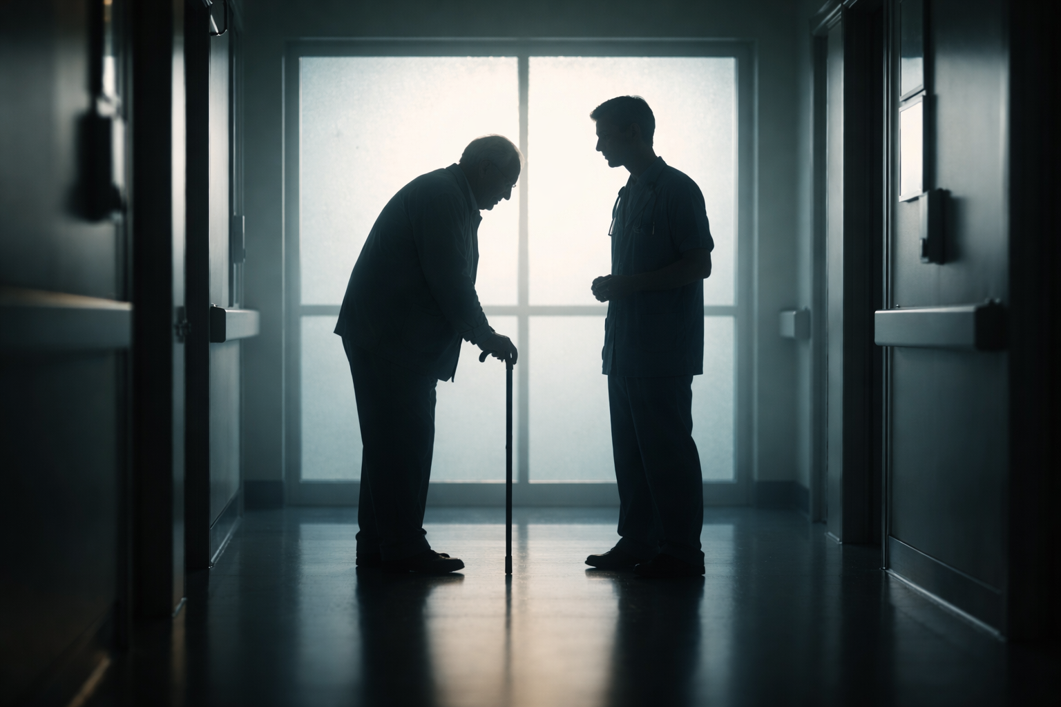 Backlit silhouette of two anonymous figures—an older person and a clinician—talking in a softly lit clinic corridor, framed in the upper two-thirds with a dark, uncluttered lower third.