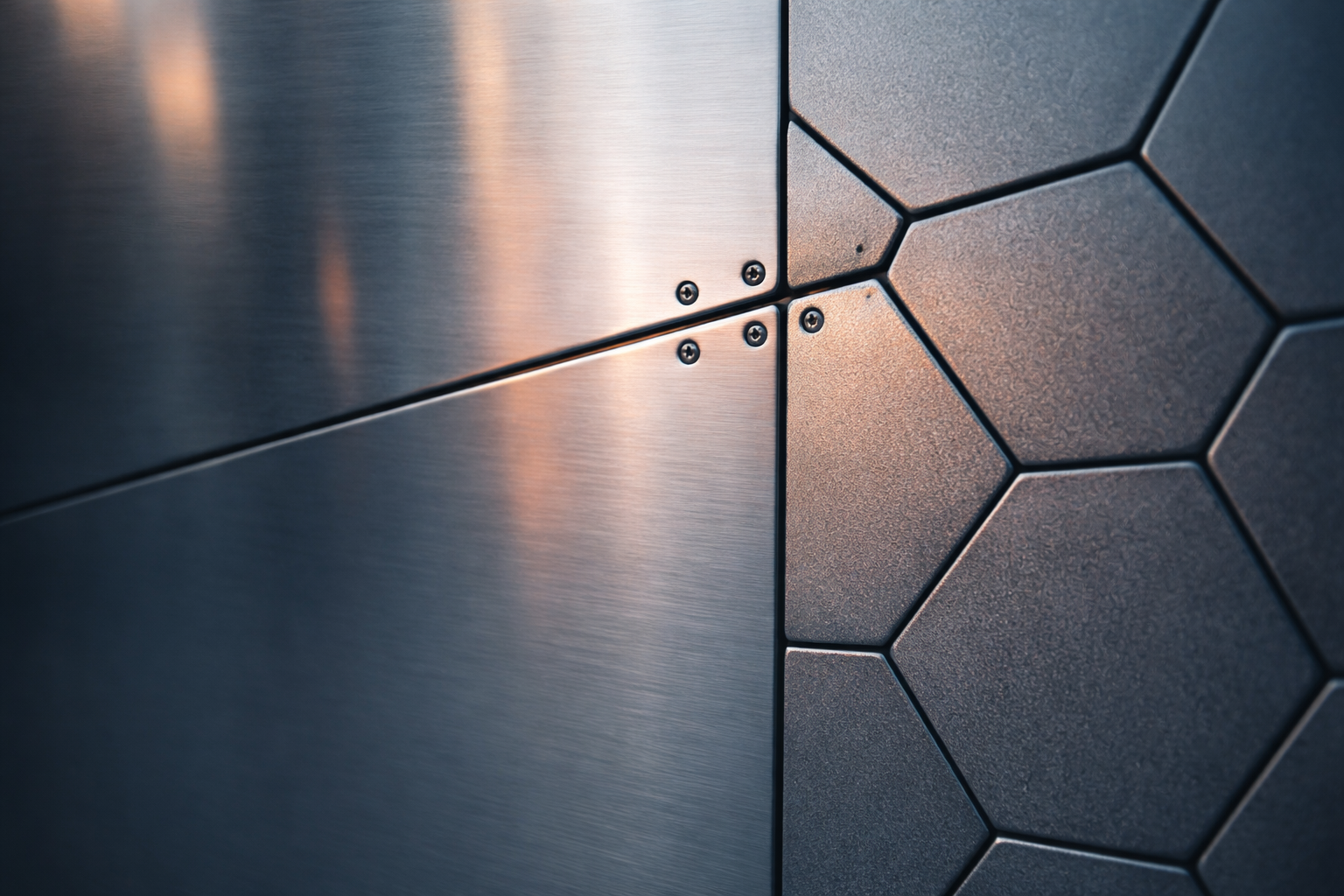 Tight macro view of a brushed-aluminum building façade seam and hexagonal panel textures, softly lit with cool blue tones and warm reflections, leaving the bottom third calm and empty.