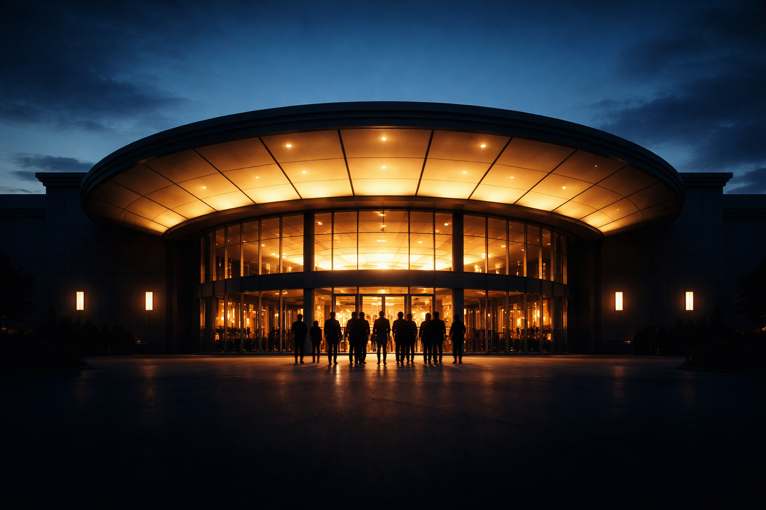 Silhouetted modern cinema entrance at dusk with warm interior light behind glass and a small line of faceless silhouettes near the center, with a calm dark foreground in the lower third.
