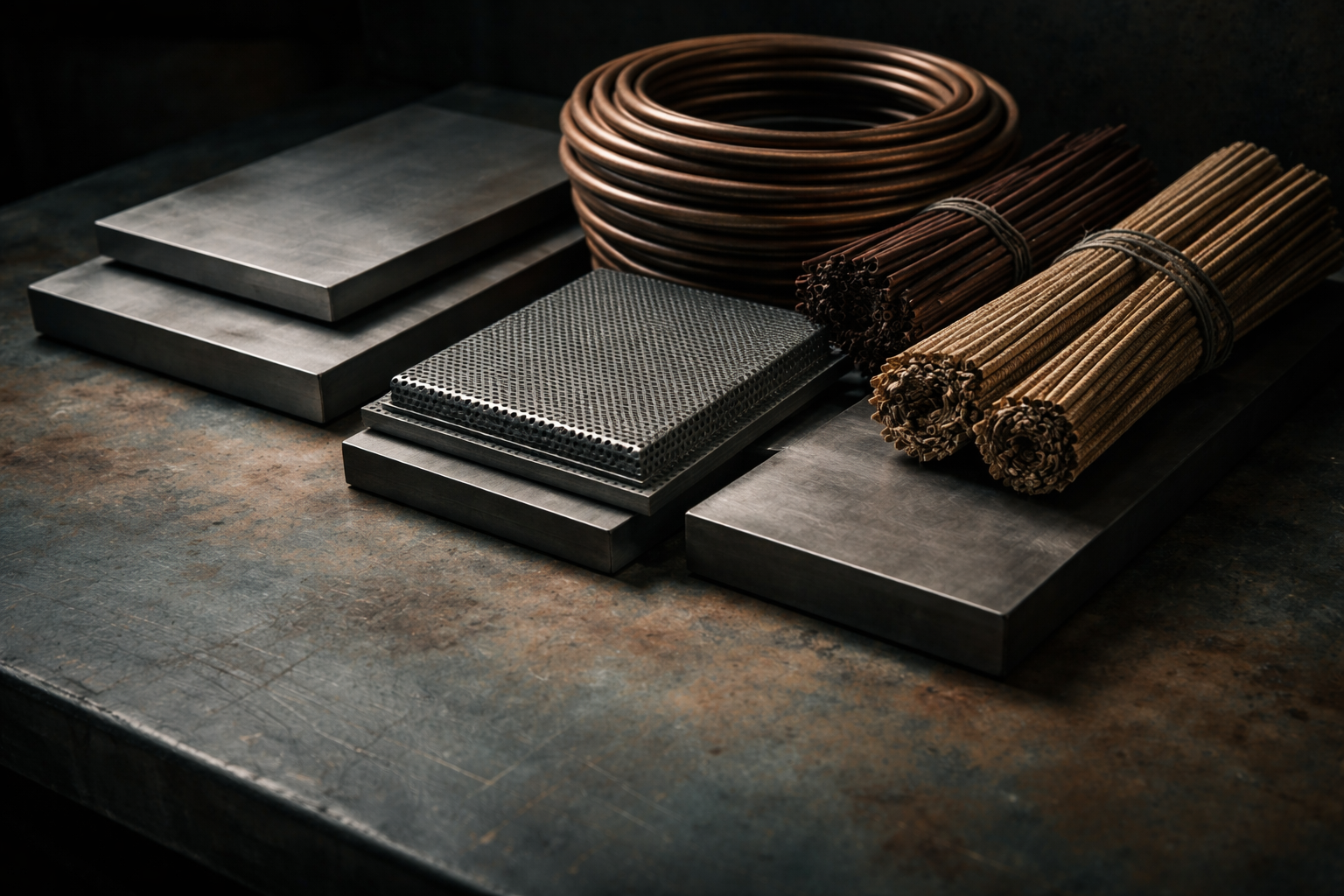 Wide image of a workbench holding brushed-steel plates, coiled oxidized copper tubing, perforated metal mesh and bundled fiber sheaths clustered centrally in the upper two-thirds, lit by soft dusk sidelight with the bottom third left quiet.