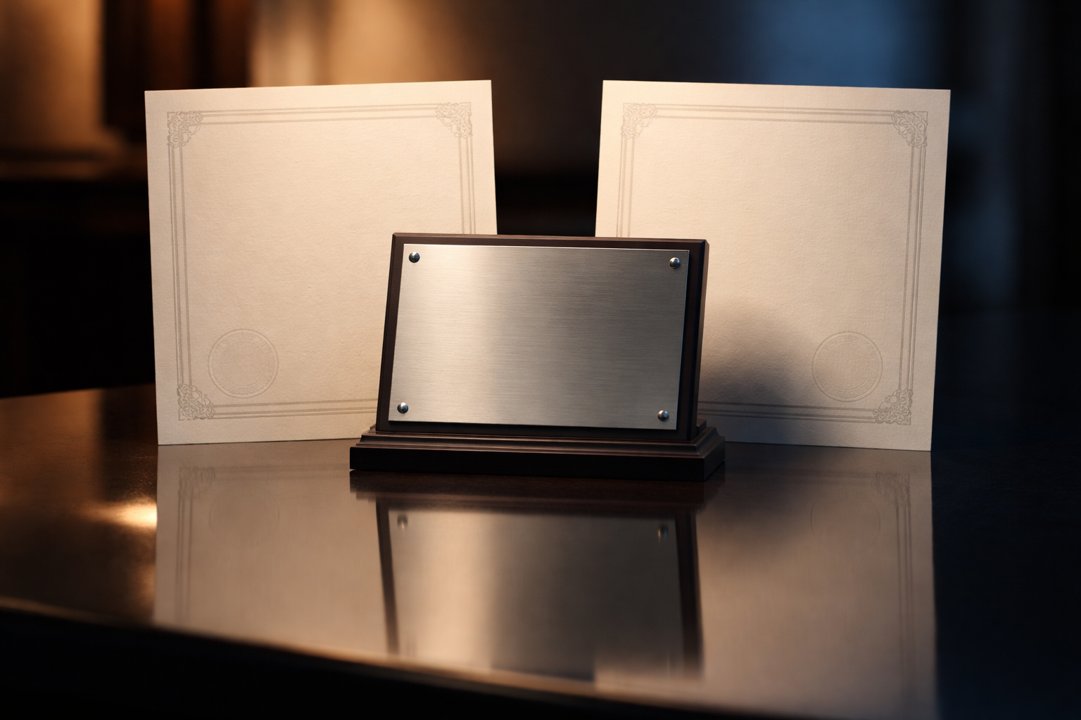 A reflective still-life showing a matte metal award plaque and two blank certificates with ornamental embossed seals on a dark glossy table, warm side lighting and soft mirror reflections below; composition sits in the upper two-thirds with the bottom third left uncluttered.