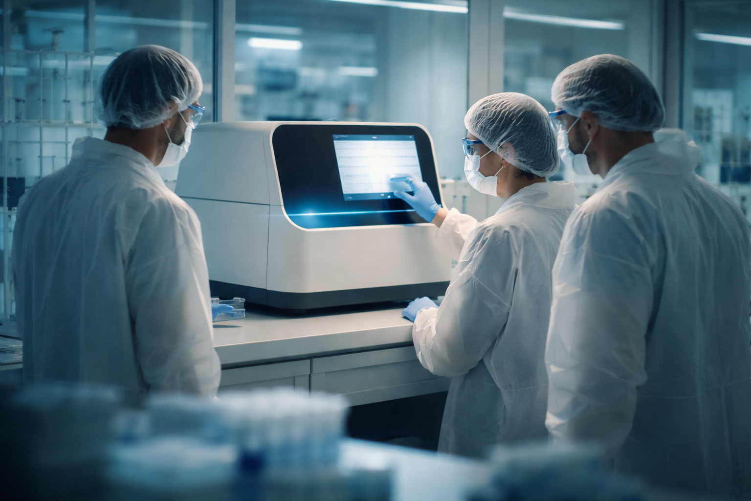 Wide-angle lab scene showing three masked technicians with obscured faces gathered around an unbranded benchtop sequencing instrument centered in the upper two-thirds; the lower third is empty and uncluttered, with cool clinical lighting.
