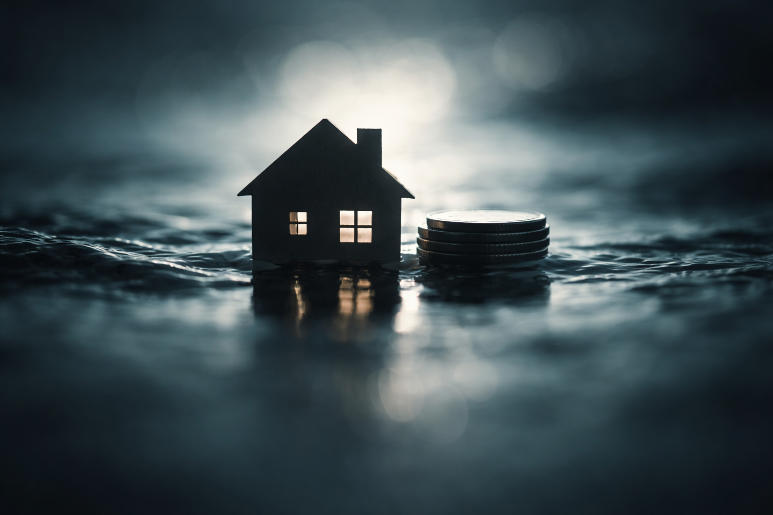 Macro silhouette of a small paper house and a stack of plain metal discs sitting in rippling water, backlit in cool teal tones with a calm, uncluttered lower third.