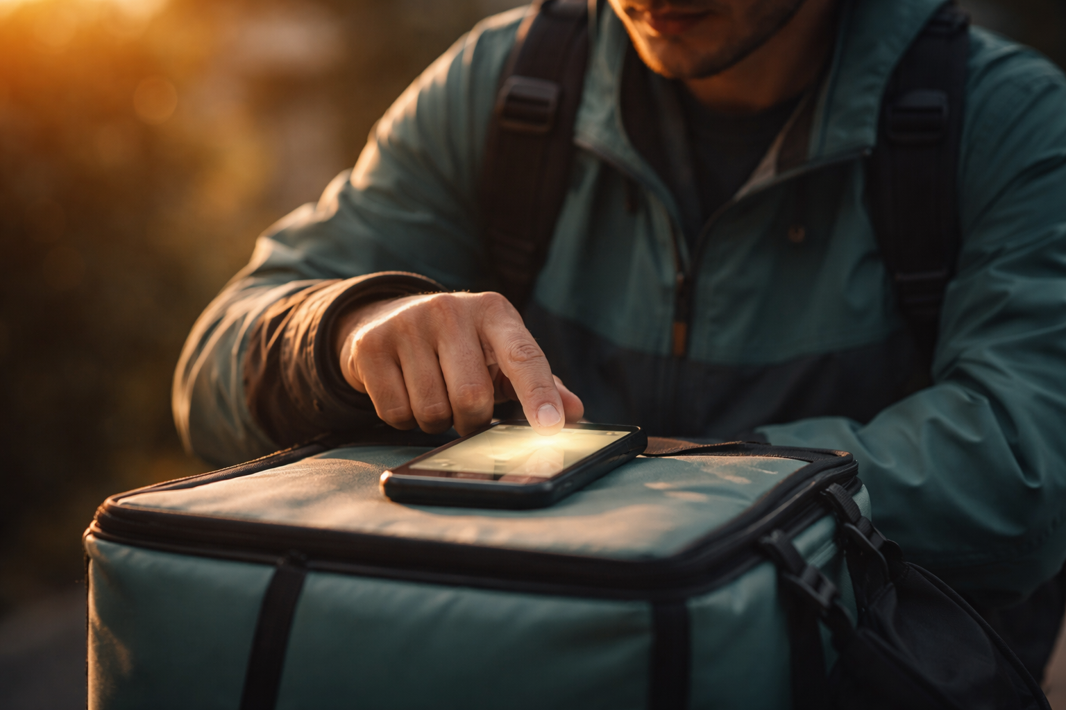 Macro close-up of a fictional delivery rider’s hands and lower face tapping a smartphone on an insulated delivery bag, warm rim light and shallow focus with the phone screen shown as soft abstract light; the lower third of the frame is intentionally uncluttered.