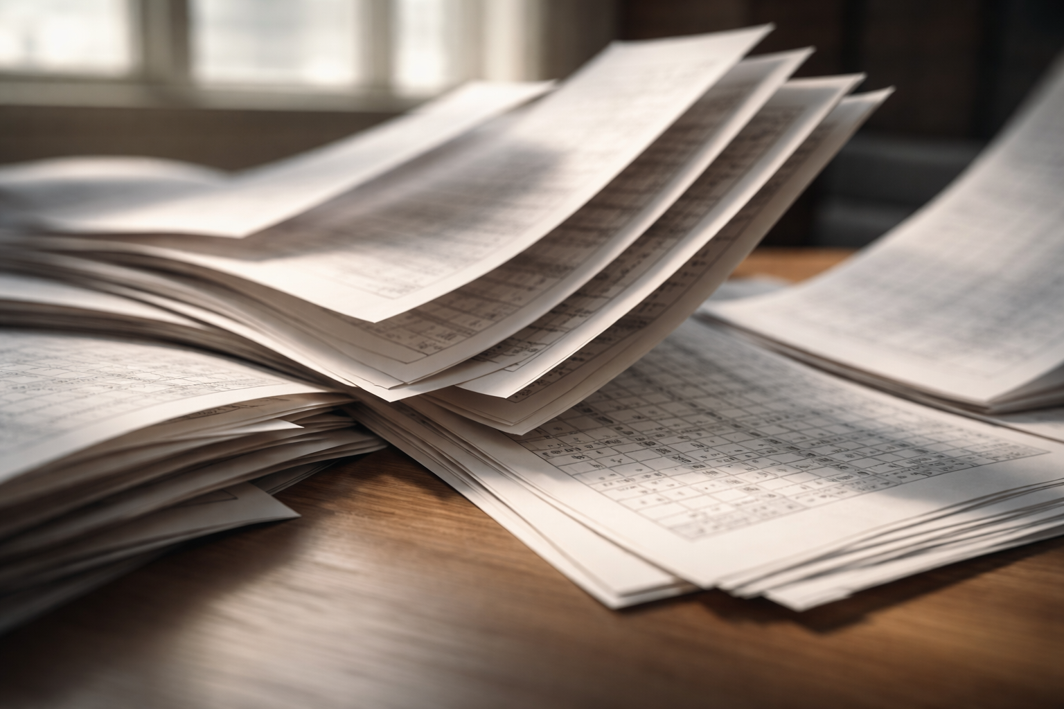 Papers with financial data slide and shuffle across a desk in soft natural light, capturing motion and texture.