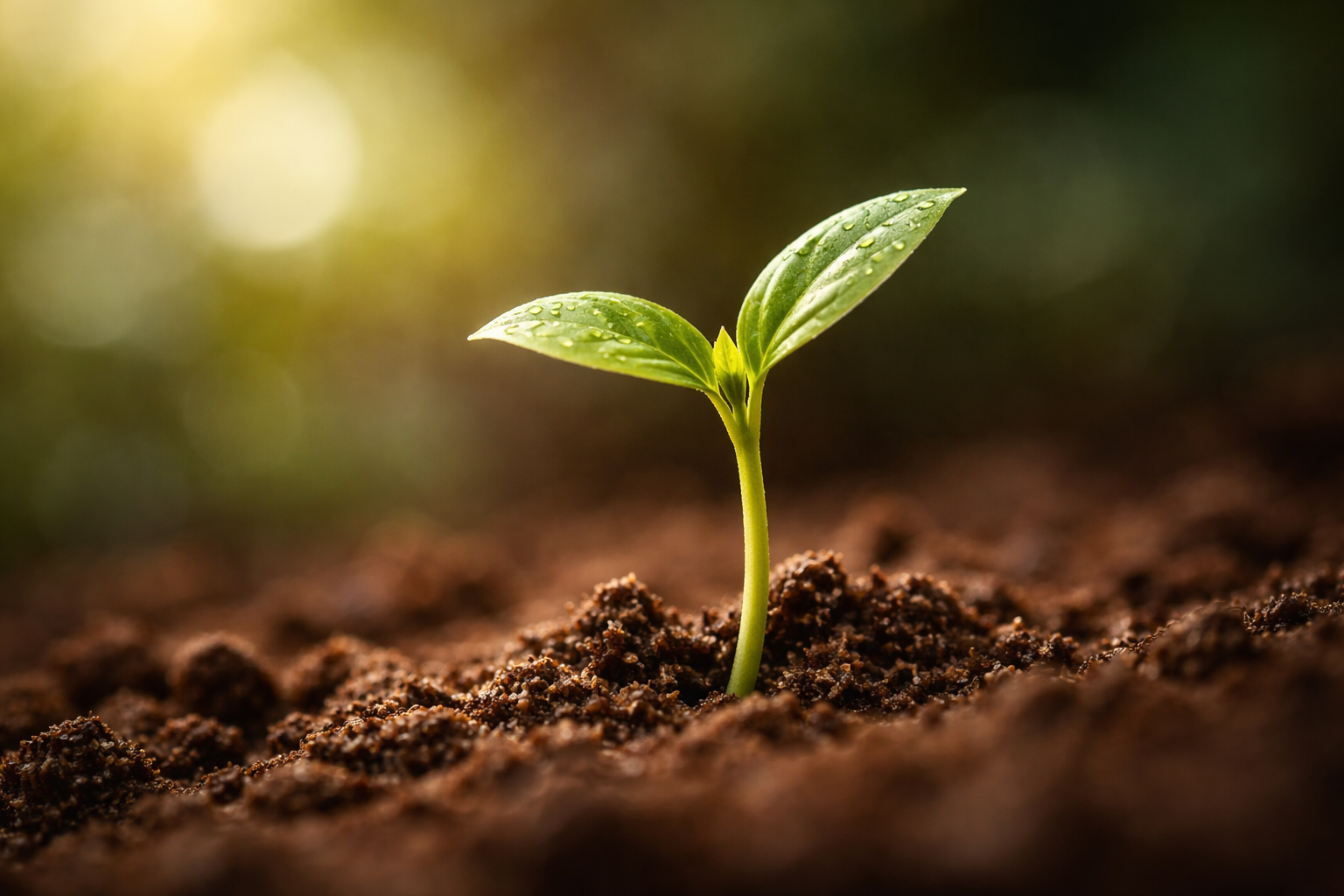 A close-up photograph of a young seedling with tender green leaves emerging from dark soil, lit by soft natural light.