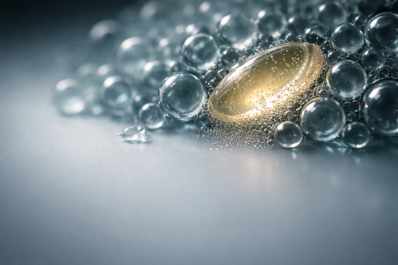 Macro close-up of translucent microbeads and a dissolving softgel slice clustered in the upper two thirds, with cool teal-silver lighting and a soft, blank lower third.