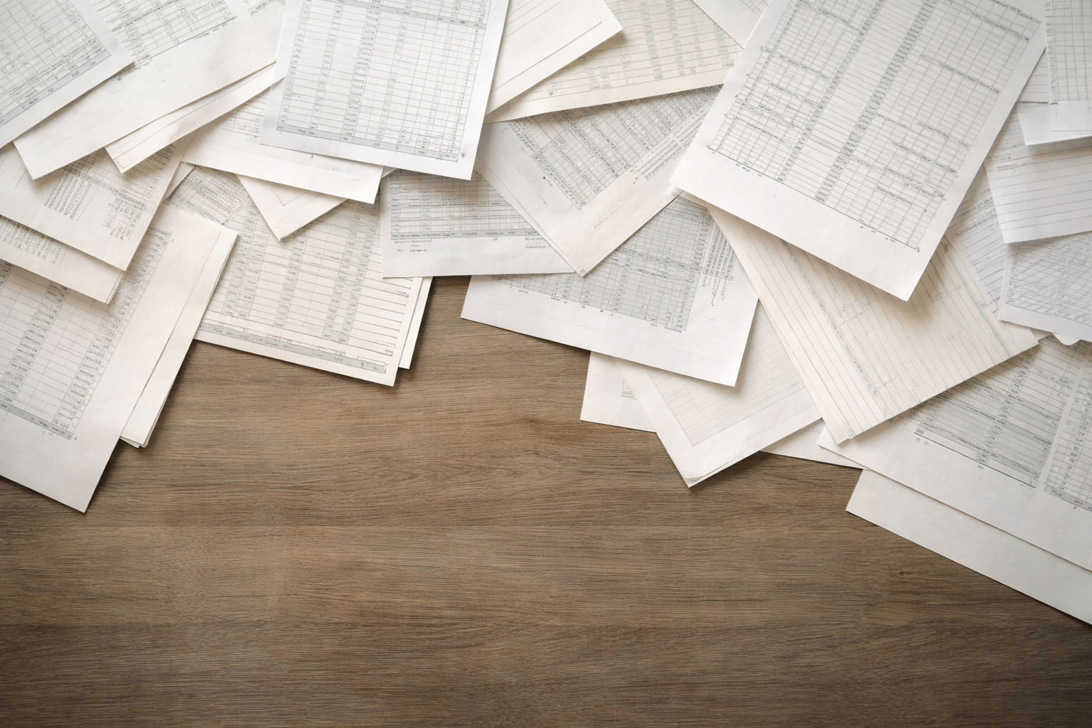 Overhead view of layered financial papers and documents on a desk, creating an abstract texture of overlapping sheets and edges in natural light.
