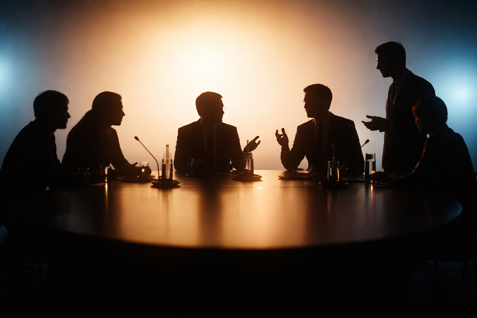 Dark silhouettes of several anonymous delegates around a round table, backlit by warm amber light with cool blue ambient tones, the lower third kept empty and uncluttered.