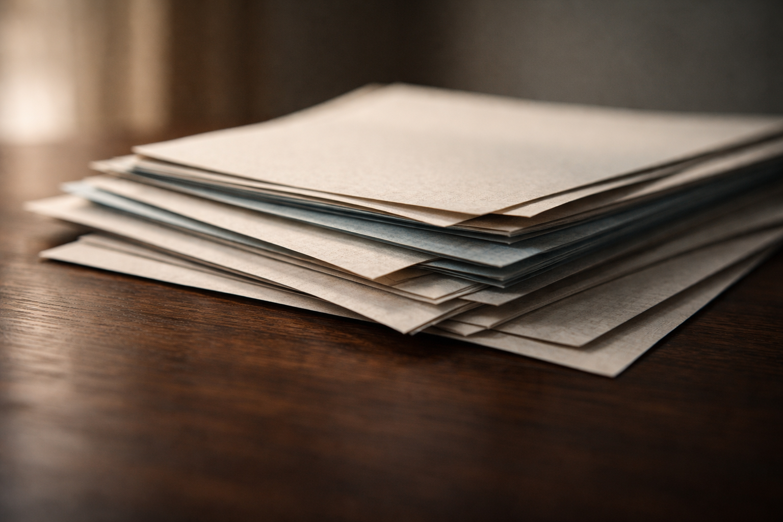 Low-angle close-up of a small stack of unbranded prospectus booklets and textured loose pages fanned on a dark wood table, warmed by late-afternoon side light, with the stack in the upper two-thirds and the foreground lower third left empty.