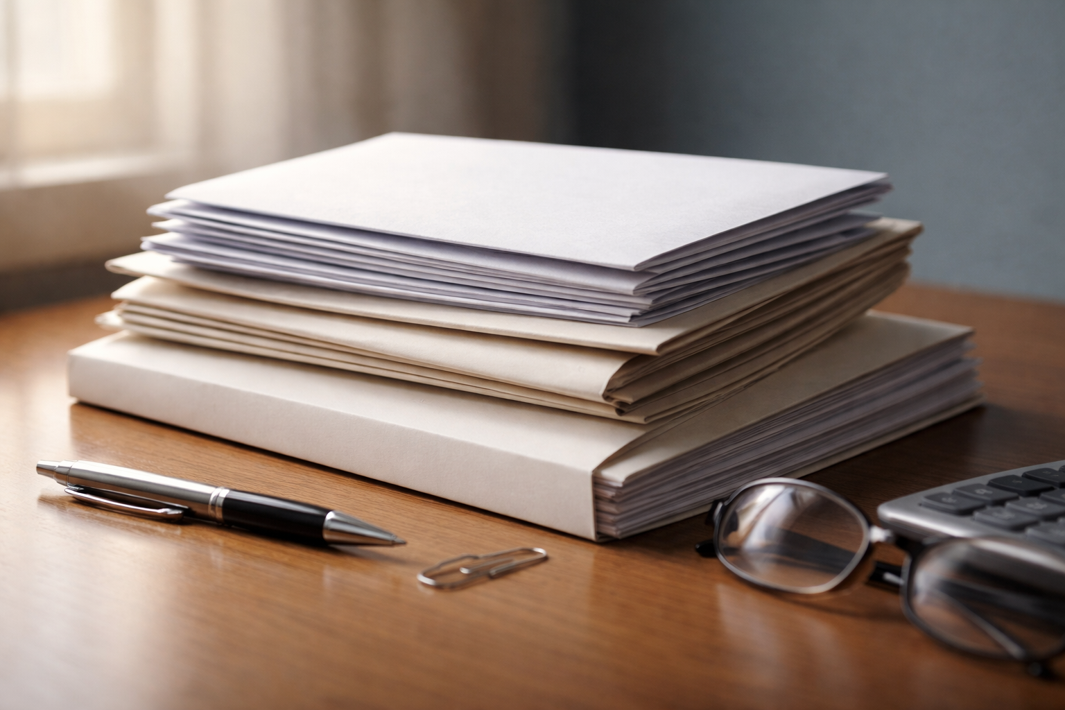 Low-angle close-up of a stack of blank policy papers, folded forms and envelopes on a wooden desk with a pen and glasses, lit by warm window light; lower third kept empty.