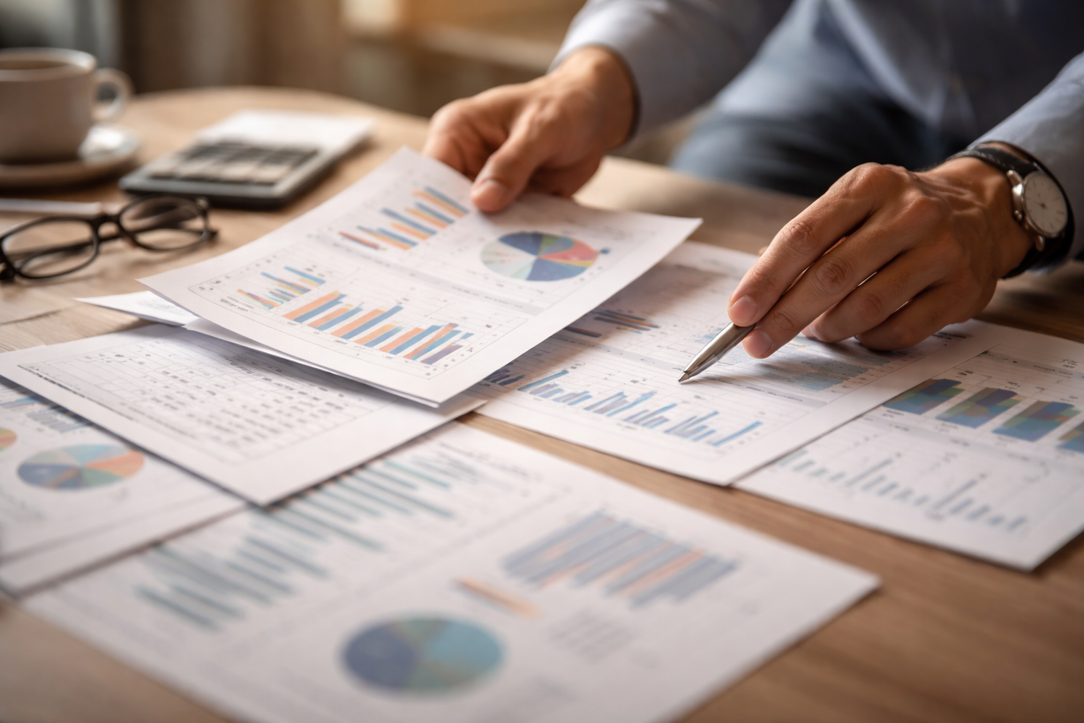 Hands in motion arranging financial papers and documents on a desk in natural light, suggesting active analysis and business work.