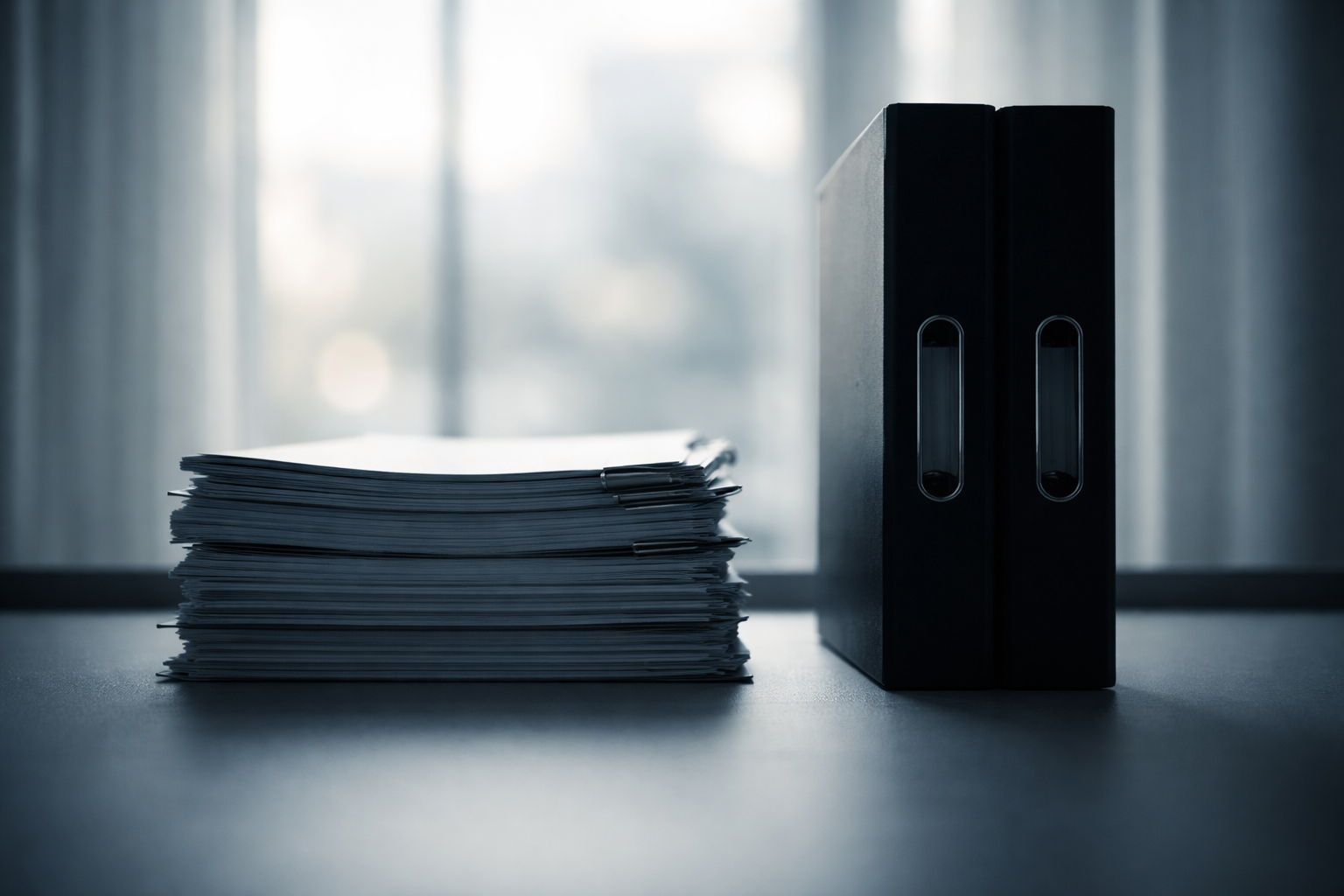 Backlit silhouette of stacked unbranded loan documents and a closed binder centered in the upper two-thirds of a desk, paper edges and binder rings forming dark shapes against a soft window glow with the lower third left empty.