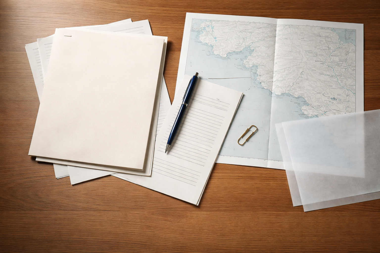 Wide overhead photograph of a licence-application spread on a wooden table — cream stapled forms, an unlabeled coastal map, a navy pen, brass clip and translucent tracing paper lit by soft window light, with the documents placed in the upper two-thirds and the lower third kept visually quiet.